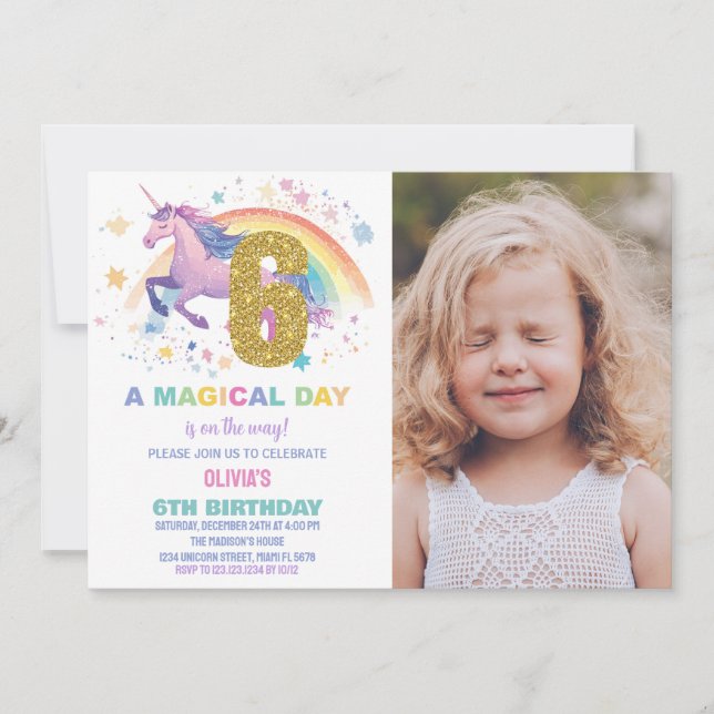 6ème Unicorn Invitations d'anniversaire avec photo (Devant)