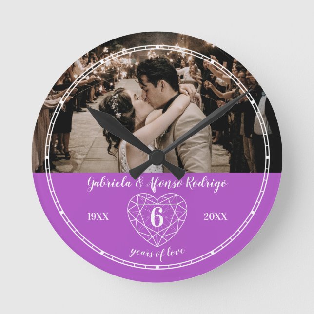 6th Amethyst Wedding Anniversary heart gem purple Round Clock (Front)