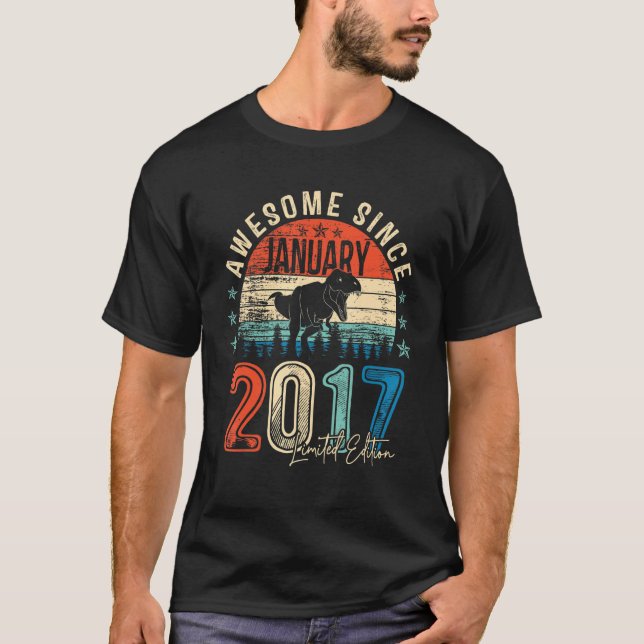 6th Bday Dinosaur Boy Awesome January 2017 T-Shirt (Front)