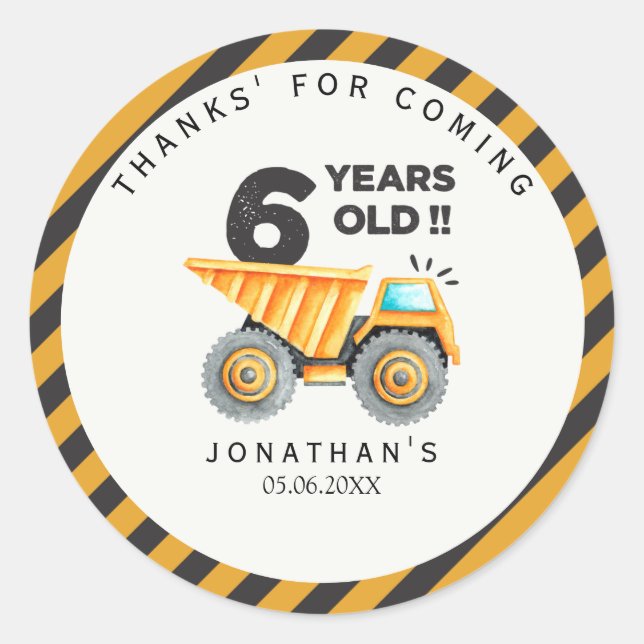 6th birthday boy construction classic round sticker (Front)