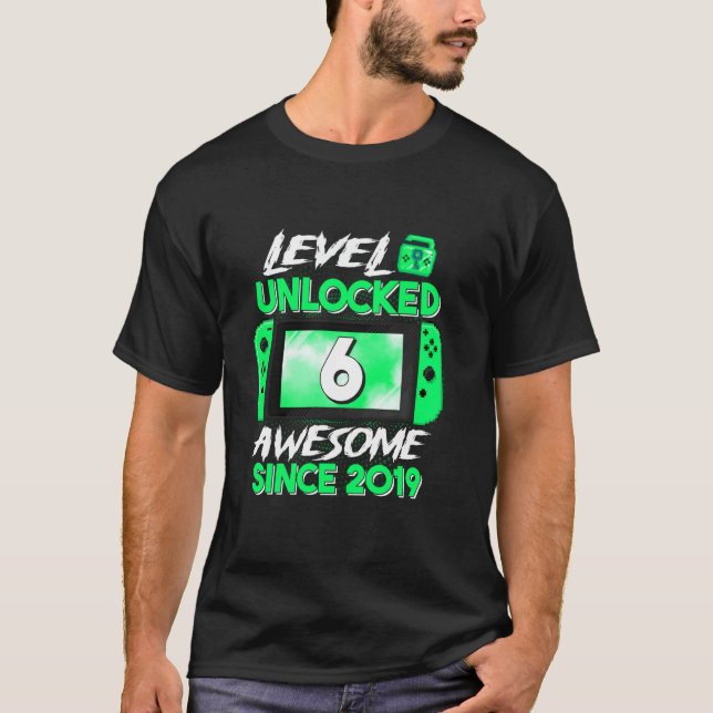 6th Birthday Boy Level 6 Unlocked Awesome 2019 Vid T-Shirt (Front)