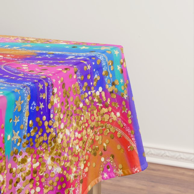 6th Birthday Bright Rainbow Gold Glitter Tablecloth (In Situ)