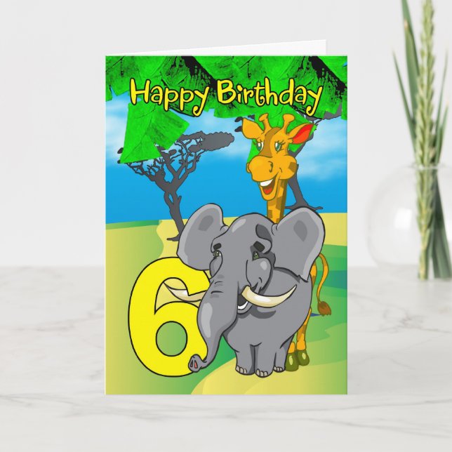 6th Birthday Card - Elephant, Giraffe, Jungle (Front)