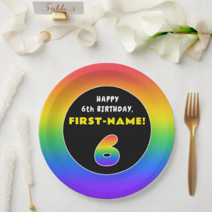 6th Birthday: Colorful Rainbow # 6, Custom Name Paper Plate