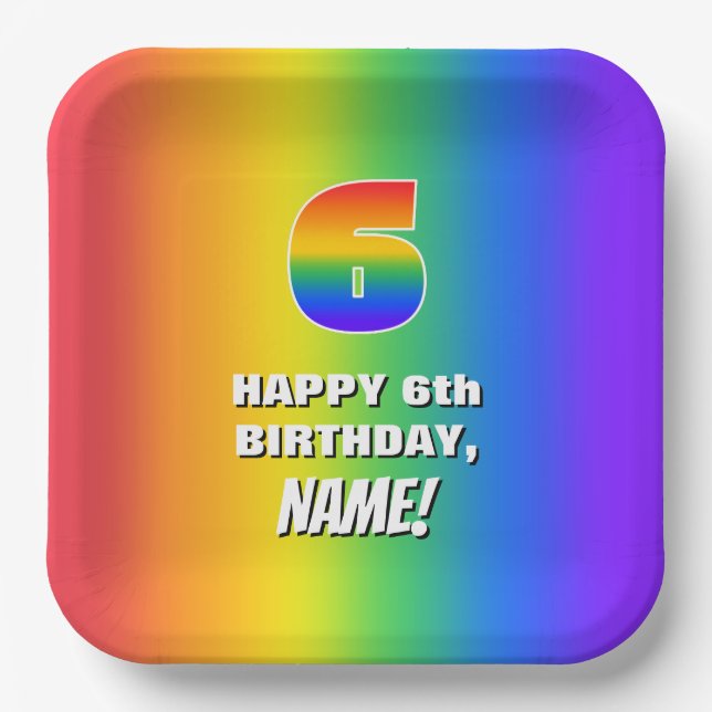 6th Birthday: Colourful, Fun Rainbow Pattern # 6 Paper Plate (Front)