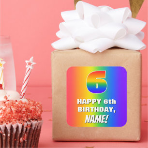 6th Birthday: Colourful, Fun Rainbow Pattern # 6 Square Sticker