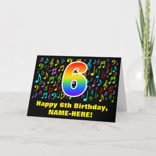 6th Birthday - Colourful Music Symbols & Rainbow 6 Card