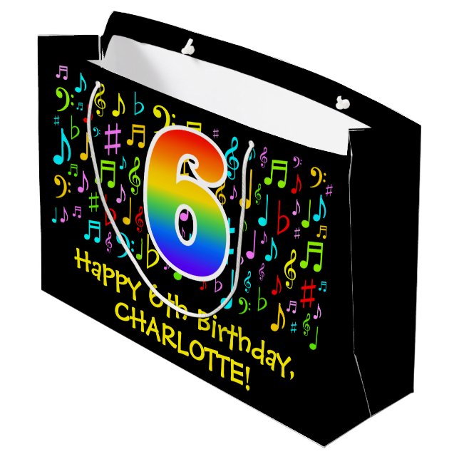 6th Birthday - Colourful Music Symbols, Rainbow 6 Large Gift Bag (Back Angled)