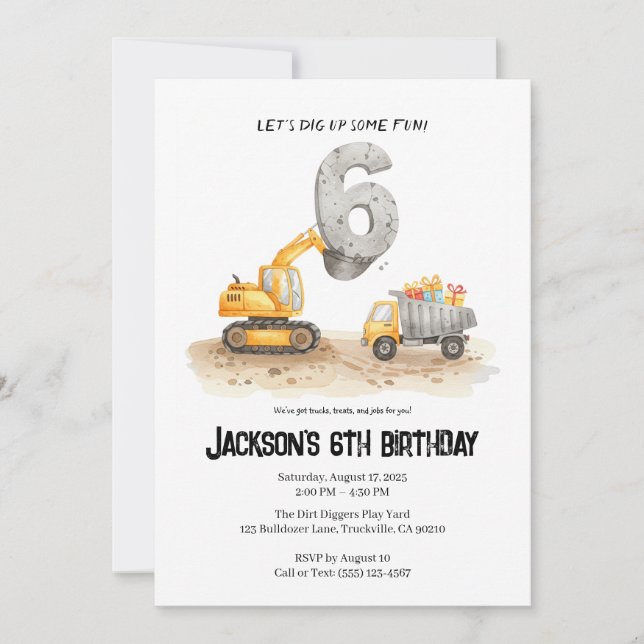 6th Birthday Construction Boy Birthday Invitation (Front)