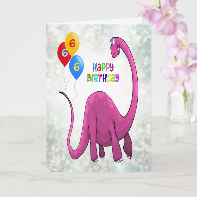 6th Birthday Dinosaur and Ballons Card (Orchid)