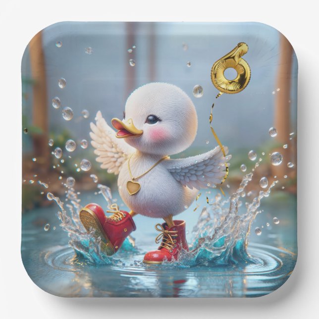 6th Birthday Duck Dancing In a Rain Puddle Paper Plate (Front)