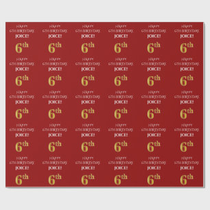 6th Birthday: Elegant, Red, Faux Gold Look Wrapping Paper