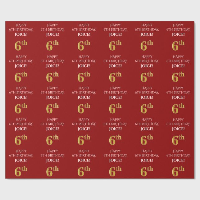 6th Birthday: Elegant, Red, Faux Gold Look Wrapping Paper (Flat)