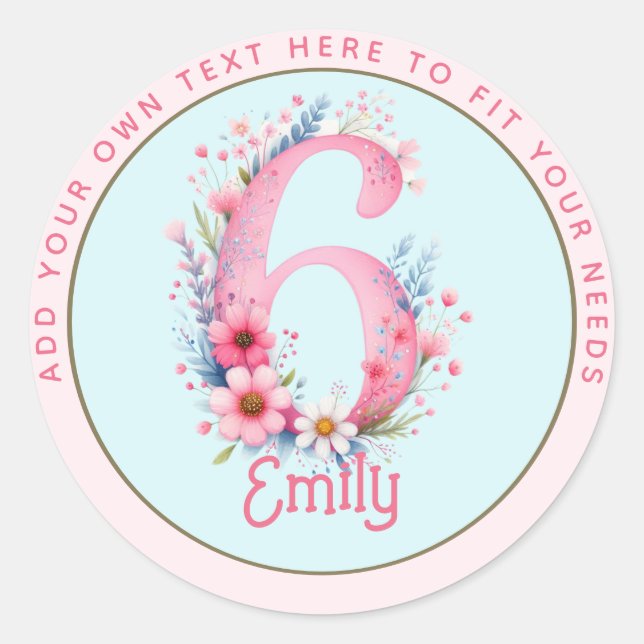 6th Birthday Fairy Floral Pink Princess Fairytale Classic Round Sticker (Front)