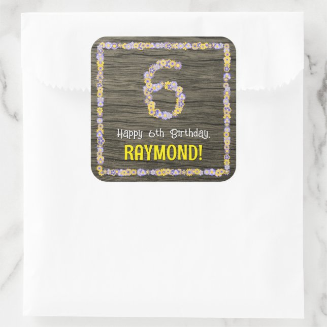 6th Birthday: Floral Number, Faux Wood Look, Name Square Sticker (Bag)