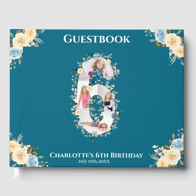 6th Birthday Flower Teal Photo Collage Blue Yellow Guest Book (Front)