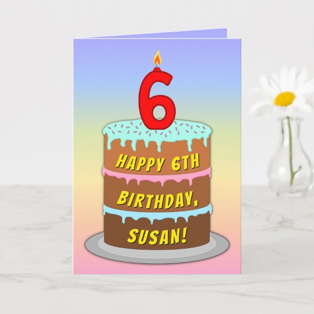 6th Birthday — Fun Cake & Candle, With Custom Name Card (Small Plant)