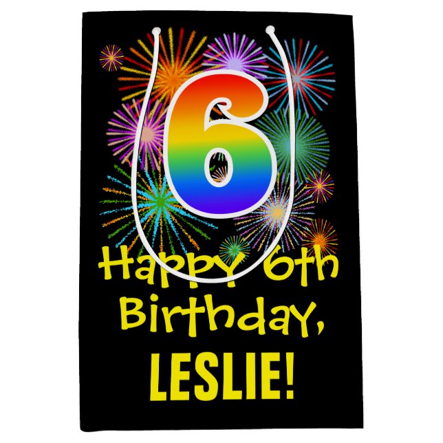 6th Birthday: Fun Fireworks Pattern + Rainbow 6 Medium Gift Bag (Front)