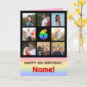 6th Birthday: Fun Rainbow #, Custom Photos + Name Card