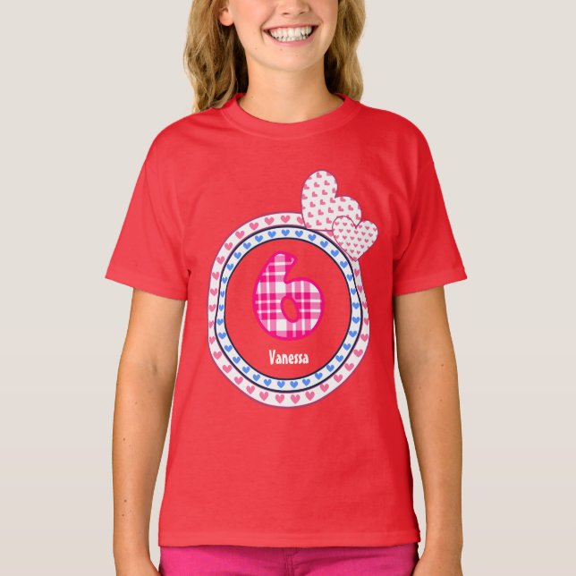 6th Birthday Gift Hearts Plaid Pattern V15 T-Shirt (Front)