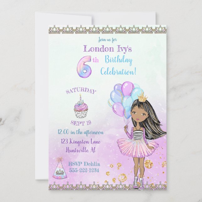 6th Birthday Girl Princess African American Invitation (Front)