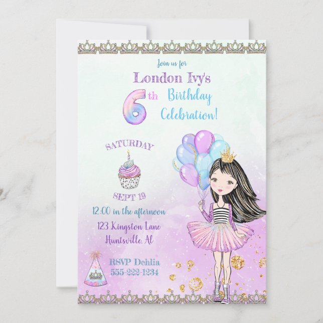6th Birthday Girl Princess Cupcake Balloons Invitation (Front)