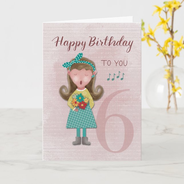 6th Birthday Girl Singing Happy Birthday Card (Yellow Flower)