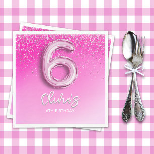6th Birthday Girl with Pink Ballon Number Napkin