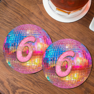 6th Birthday Gold Pink Glitter Dancing Disco Ball Round Paper Coaster