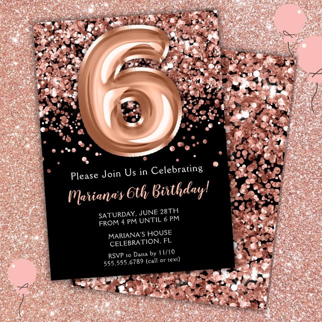 6th Birthday Invitation Black Rose Gold Glitter (Creator Uploaded)