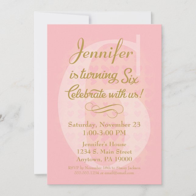 6th Birthday Invitation Girls Pink Gold Hearts (Front)