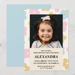 6th birthday invitation Retro Groovy Flowers Cute