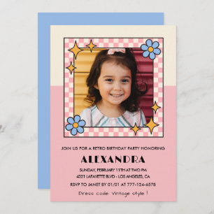 6th birthday invitation Retro Groovy Pink Flowers