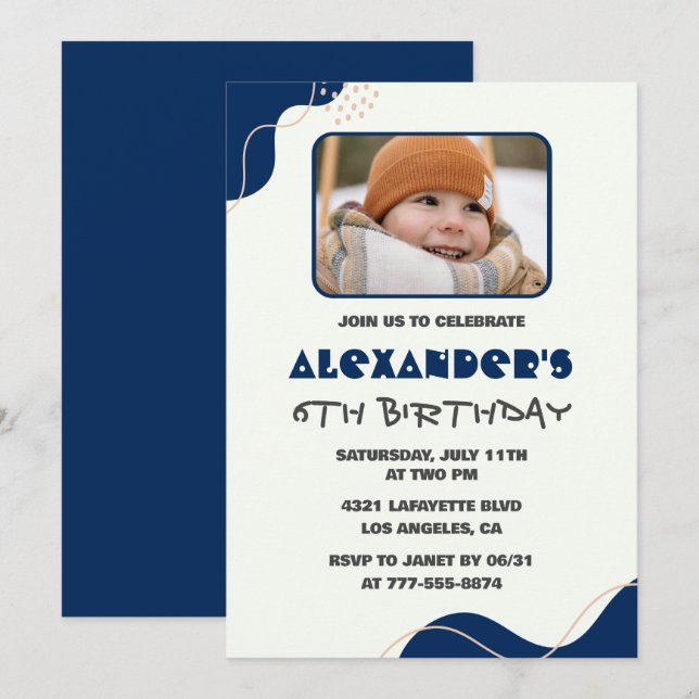 6th birthday invitations Boy Navy Simple Photo (Front/Back)