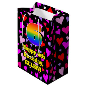 6th Birthday: Loving Hearts Pattern, Rainbow # 6 Medium Gift Bag