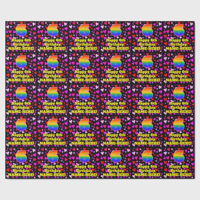 6th Birthday: Loving Hearts Pattern, Rainbow # 6 Wrapping Paper (Seam)