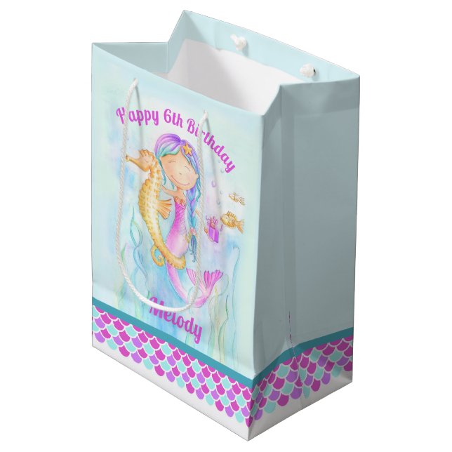 6th birthday mermaid and seahorse art custom medium gift bag (Front Angled)