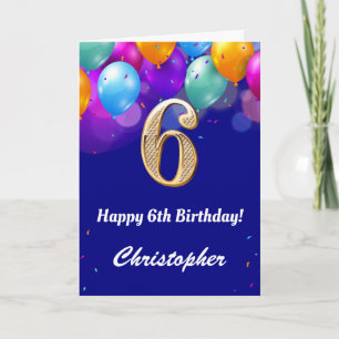 6th Birthday Navy Blue and Gold Colourful Balloons Card