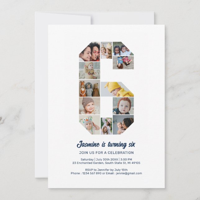 6th Birthday Number 6 Custom Photo Collage Invitation (Front)