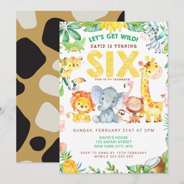 6th Birthday Party Animals Zoo Jungle Safari Cute Invitation (Front/Back)