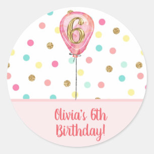 6th Birthday Party Balloon Glitter Stickers