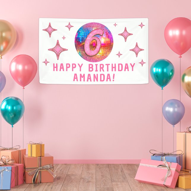 6th Birthday Party Gold Pink Glitter Disco Ball Banner (Creator Uploaded)