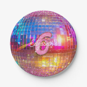 6th Birthday Party Gold Pink Glitter Disco Ball Paper Plate