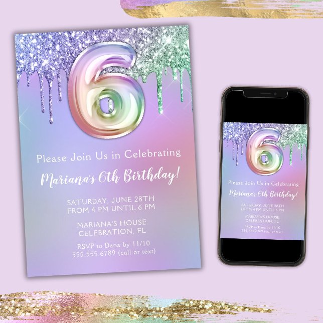 6th Birthday Party Invitation Purple Pink Glitter (Creator Uploaded)
