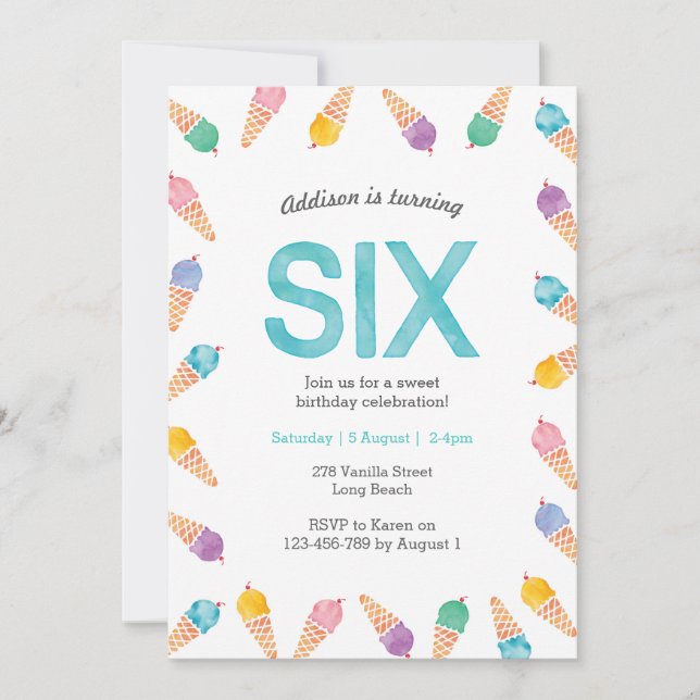 6th Birthday Party | Rainbow Ice cream invitation (Front)