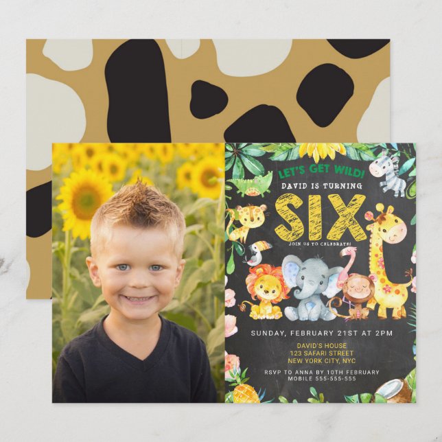 6th Birthday Party Zoo Jungle Animals Boy Photo Invitation (Front/Back)