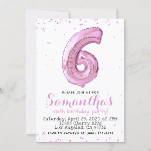6th Birthday Pastel Pink Balloon Invitation
