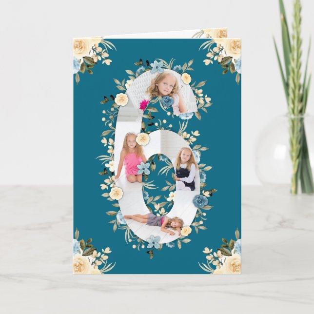 6th Birthday Photo Collage Blue Yellow Flower Teal Card (Front)
