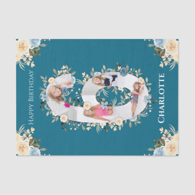 6th Birthday Photo Collage Teal Blue Yellow Flower Tissue Paper (Front)