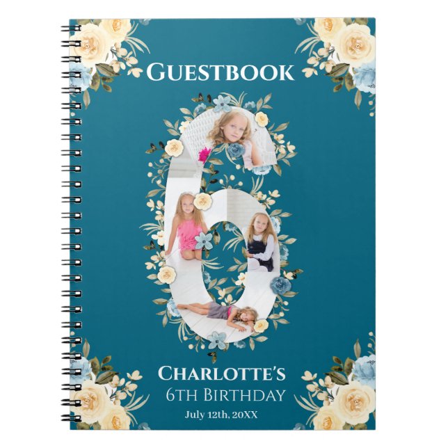 6th Birthday Photo Teal Yellow Flower Guest Book (Front)